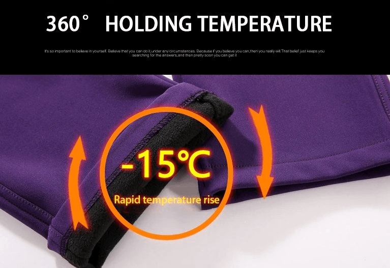 Purple windproof women's hiking pants with fleece lining, showcasing -15°C thermal resistance, ideal for cold-weather adventures.